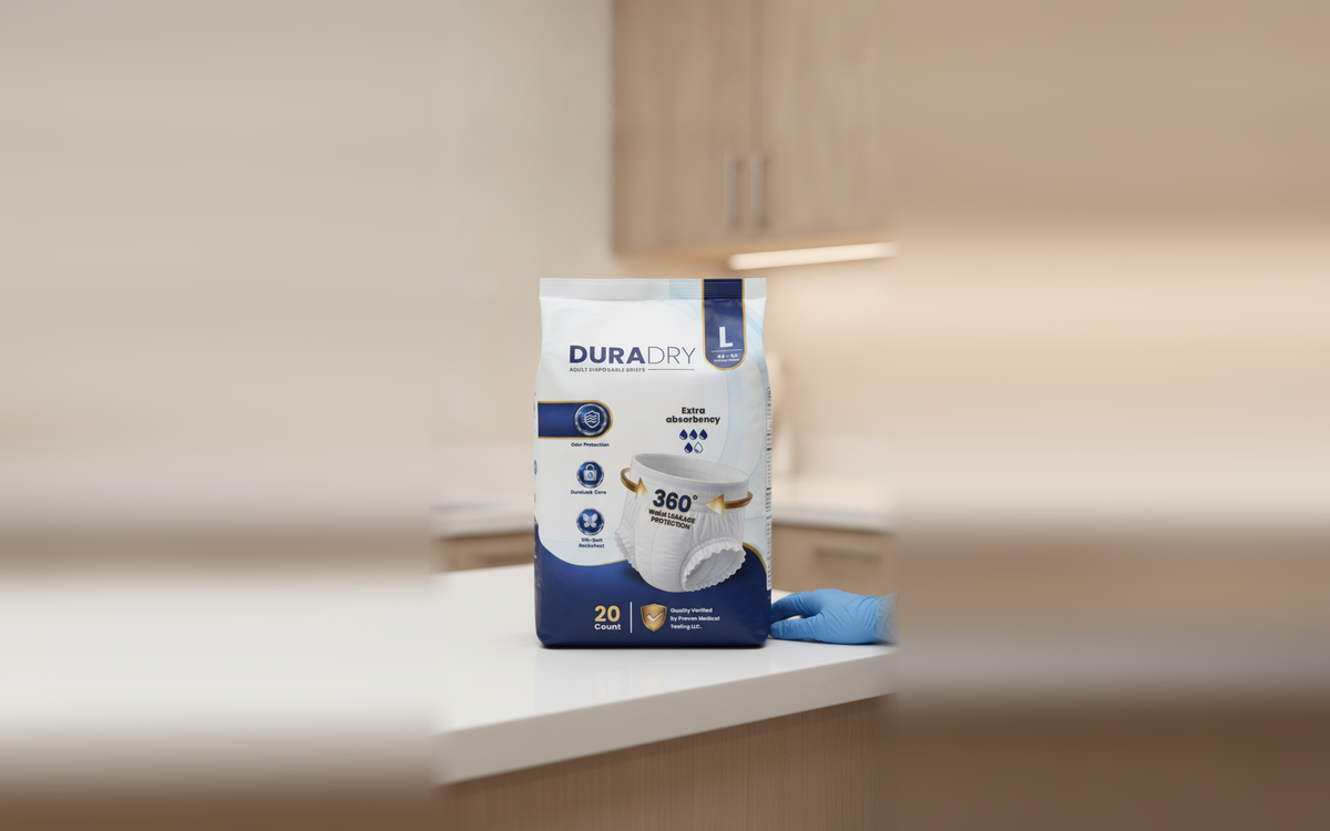 DuraDry Adult Disposable Briefs pack in a care setting, Proven Medical Testing