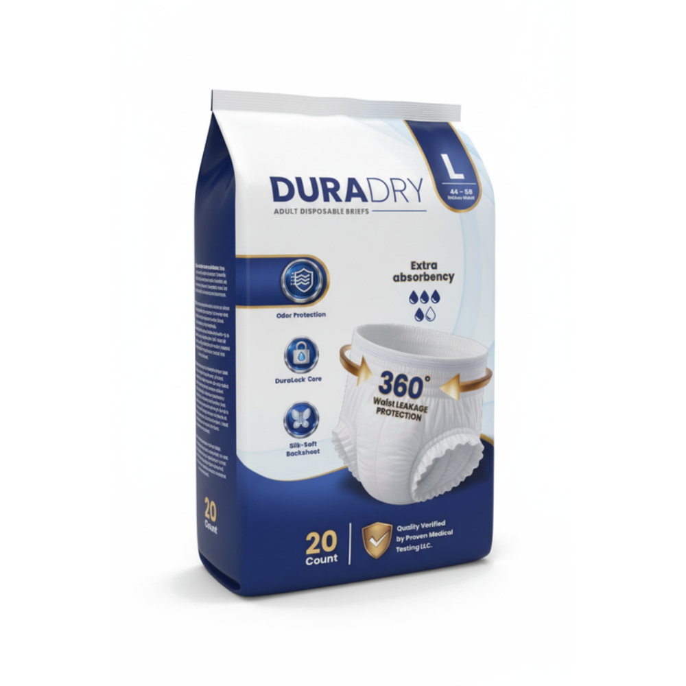 DuraDry Adult Disposable Briefs, 20-count pack, Proven Medical Testing