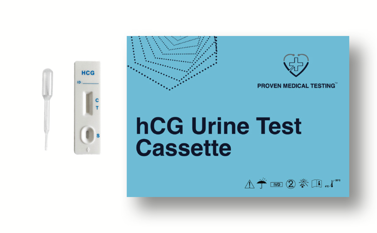 hCG Urine Test Cassette components showing test device and disposable pipette — Proven Medical Testing