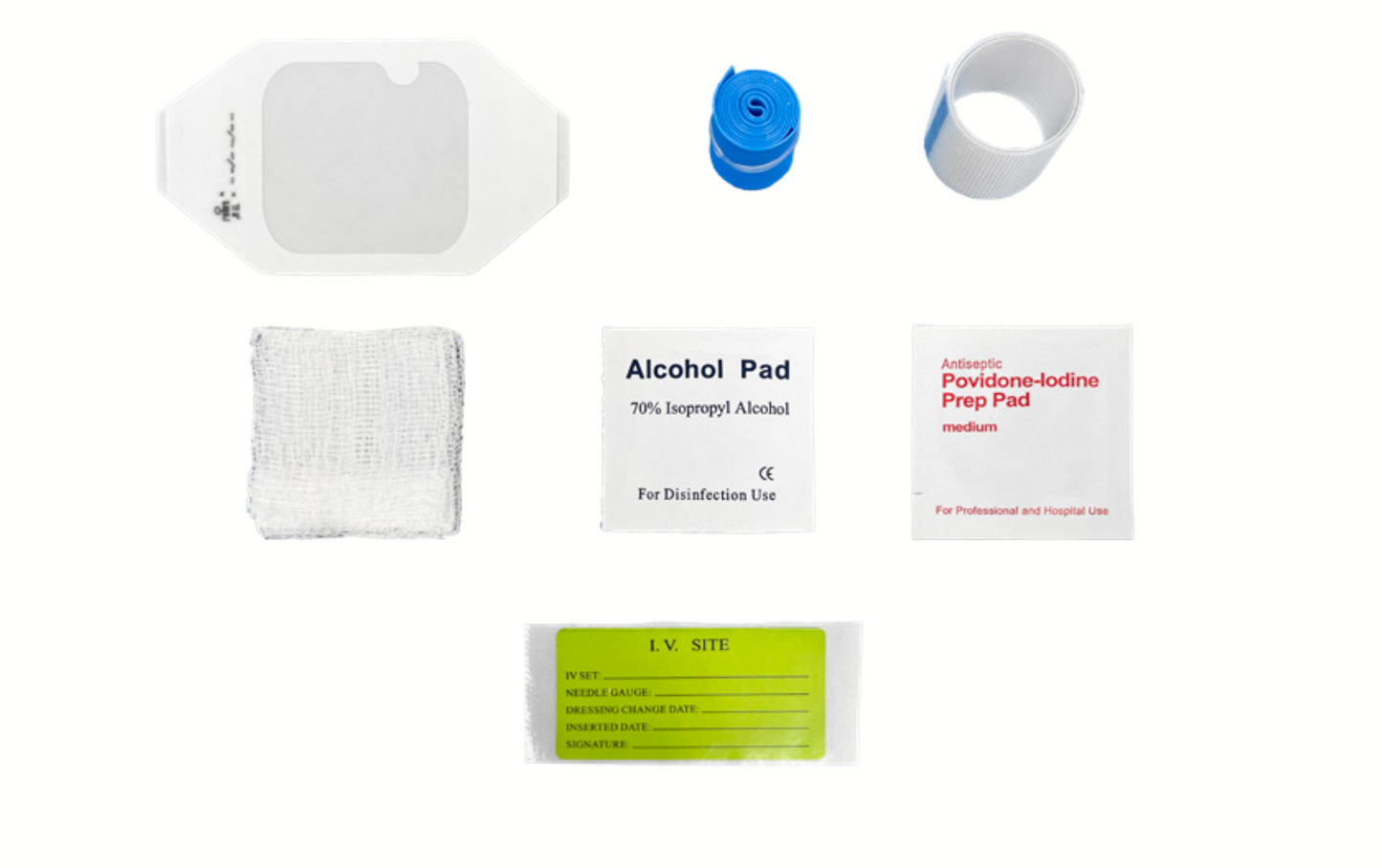 IV Start Kit contents including adhesive dressing, alcohol pad, antiseptic povidone-iodine prep pad, tourniquet, gauze, and IV site label — Proven Medical Testing