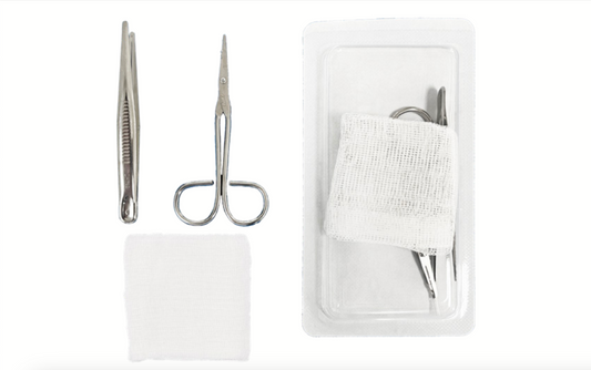 Suture Removal Kit contents including sterile forceps, iris scissors, gauze sponge, and tray — Proven Medical Testing